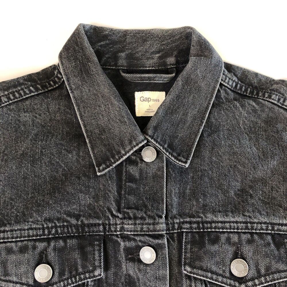 Gap 1969 Women’s Washed Black Jean Jacket Biker Style Cuff & Side Zip Large - Picture 11 of 16